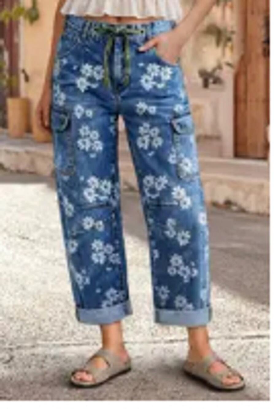 NWT Flemingals Floral Print Roll Hem Drawstring High Waist Barrel Leg Crop Jean